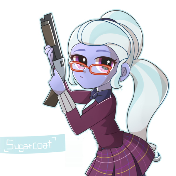 Size: 800x800 | Tagged: artist needed, source needed, safe, derpibooru import, sugarcoat, equestria girls, bowtie, clothes, crystal prep academy uniform, female, glasses, gun, looking at you, pigtails, plaid skirt, pleated skirt, school uniform, simple background, skirt, solo, twintails, weapon, white background