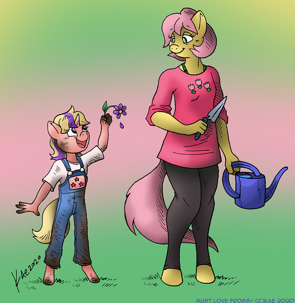 Size: 973x1000 | Tagged: safe, artist:kaemantis, deleted from derpibooru, derpibooru import, posey, twilight sparkle, anthro, earth pony, unguligrade anthro, unicorn, clothes, commission, dirty, female, flower, g1, g1 to g4, generation leap, image, jpeg, overalls, watering can, younger