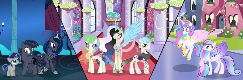 Size: 1024x337 | Tagged: safe, artist:velveagicsentryyt, derpibooru import, princess flurry heart, oc, oc:asterism, oc:chryssa, oc:flosun pollen, oc:lunais, oc:moonlight moon, oc:moonlight sonata, oc:mysterilestia, alicorn, changepony, hybrid, pegasus, pony, unicorn, base used, ethereal mane, half-siblings, interspecies offspring, offspring, older, older flurry heart, parent:discord, parent:king sombra, parent:princess cadance, parent:princess celestia, parent:princess luna, parent:shining armor, parent:thorax, parents:dislestia, parents:lumbra, parents:shiningcadance, parents:thoralestia, starry mane