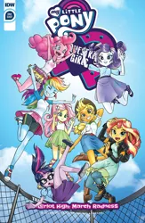 Size: 1280x1968 | Tagged: safe, artist:pencils, derpibooru import, idw, applejack, fluttershy, pinkie pie, rainbow dash, rarity, sci-twi, sunset shimmer, twilight sparkle, equestria girls, anime, armpits, boots, clothes, converse, dress, humane five, humane seven, humane six, march radness, sandals, shoes, shorts, skirt, sneakers, tanktop, toes, trampoline, upskirt