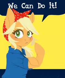 Size: 2600x3087 | Tagged: safe, artist:silbersternenlicht, derpibooru import, applejack, earth pony, pony, clothes, cute, female, flexing, jackabetes, looking at you, mare, motivation, motivational poster, retro, rosie the riveter, solo, we can do it!