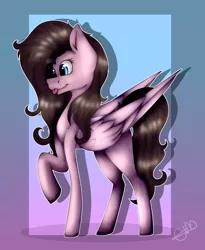 Size: 2800x3420 | Tagged: safe, artist:chazmazda, derpibooru import, oc, pegasus, pony, :p, blue eyes, brown hair, commission, commissions open, curly, curly hair, digital art, feather, fullbody, gradient background, highlights, outline, shade, shading, shadow, shine, shiny, simple background, solo, tongue out