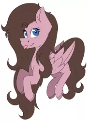 Size: 586x796 | Tagged: safe, artist:chazmazda, derpibooru import, oc, unofficial characters only, pegasus, pony, :p, blue eyes, brown hair, colored, commission, commissions open, curly, curly hair, digital art, feather, flat colors, floating, folded wings, fully body, outline, shine, solo, tongue out, wings