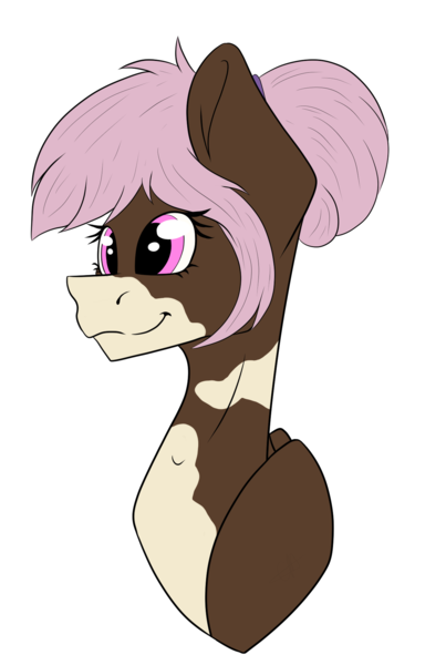 Size: 1284x1910 | Tagged: safe, artist:chazmazda, derpibooru import, oc, unofficial characters only, pony, bun, bust, colored, commission, commissions open, digital art, eye shine, flat colors, hair bun, happy, head shot, markings, outline, pink eyes, pink hair, present, shine, simple background, smiling, solo, transparent background