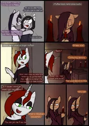 Size: 4961x7016 | Tagged: safe, artist:tenenbris, derpibooru import, oc, oc:abel masei, oc:alicia malice, oc:alma, oc:patricia sorg, demon, semi-anthro, unicorn, zebra, comic:things change, bipedal, candle, clothes, comic, eyeshadow, makeup, ritual, shirt, summoning, zebra oc