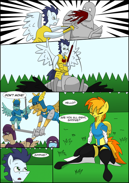 Size: 2480x3508 | Tagged: semi-grimdark, artist:greeneyedmistress, derpibooru import, soarin', spitfire, oc, pegasus, pony, comic:prelude to creation, clothes, comic, female, male, mare, stallion