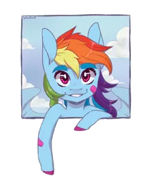Size: 1700x2000 | Tagged: safe, artist:silbersternenlicht, derpibooru import, rainbow dash, pegasus, pony, bandaid, bust, cloud, colored hooves, cute, dashabetes, human shoulders, out of frame, simple background, sky, smiling, solo, transparent background