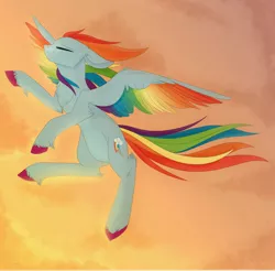 Size: 4096x4032 | Tagged: safe, artist:nyota71, derpibooru import, rainbow dash, pegasus, pony, absurd resolution, chest fluff, cloud, colored hooves, colored wings, commission, eyes closed, female, flying, g5, mare, multicolored wings, rainbow dash (g5), rainbow wings, smiling, solo, spread wings, sunset, wings