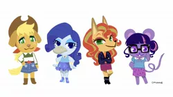 Size: 2048x1144 | Tagged: safe, artist:5mmumm5, derpibooru import, applejack, rarity, sci-twi, sunset shimmer, twilight sparkle, anthro, bird, dog, duck, mouse, wolf, equestria girls, animal crossing, rariduck, simple background, white background