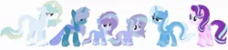 Size: 1280x280 | Tagged: safe, artist:paintsong, derpibooru import, starlight glimmer, trixie, oc, oc:cursed tonic, oc:diamond burst, oc:explosive tonic, oc:illusion, changepony, hybrid, unicorn, colt, family, female, filly, half-siblings, interspecies offspring, lesbian, magical lesbian spawn, male, mare, offspring, pale belly, parent:pharynx, parent:prince blueblood, parent:starlight glimmer, parent:trixie, parents:bluetrix, parents:phartrix, parents:startrix, shipping, simple background, socks (coat marking), stallion, startrix, unshorn fetlocks, white background