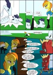 Size: 2480x3508 | Tagged: safe, artist:greeneyedmistress, derpibooru import, soarin', spitfire, oc, pegasus, pony, comic:prelude to creation, clothes, comic, female, male, mare, stallion