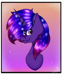 Size: 1608x1911 | Tagged: safe, artist:chazmazda, derpibooru import, oc, oc:cresent, unofficial characters only, pony, border, bust, colored, commission, commissions open, digital art, flat colors, gem, gradient background, happy, head shot, moon, pink eyes, shade, shading, shine, simple background, slow, smiling, solo, space, sphere, stars