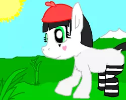 Size: 669x530 | Tagged: safe, artist:poniidesu, derpibooru import, oc, oc:silent clop, unofficial characters only, earth pony, pony, 1000 hours in ms paint, bamboo, beret, blank flank, cheek fluff, chest fluff, clothes, grass, hat, mime, mountain, ms paint, quality, snow, socks, solo, striped socks