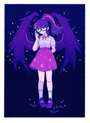 Size: 1280x1746 | Tagged: safe, artist:dotoriii, derpibooru import, sci-twi, twilight sparkle, equestria girls, twilight sparkle's science fair sparks, feather, midnight sparkle, solo, sparkles, story in the source, wings