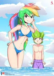 Size: 2067x2923 | Tagged: artist:ryured, belly button, blood, breasts, clothes, cutie mark, cutie mark on clothes, derpibooru import, female, high res, human, humanized, legs, male, nosebleed, part of a series, part of a set, rainbow dash, remake, shorts, spike, suggestive, swimsuit, unamused, water