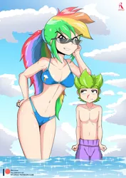 Size: 2067x2923 | Tagged: alternate version, artist:ryured, belly button, blood, breasts, clothes, cutie mark, cutie mark on clothes, derpibooru import, female, glasses, high res, human, humanized, legs, male, nosebleed, part of a series, part of a set, rainbow dash, remake, shorts, spike, suggestive, swimsuit, unamused, water