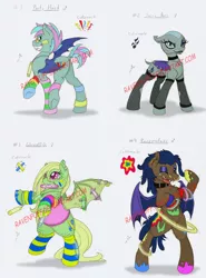 Size: 986x1330 | Tagged: safe, artist:ravenpuff, deleted from derpibooru, derpibooru import, oc, oc:glowstick, oc:party hard, unofficial characters only, bat pony, pony, bald, bandaid, bat pony oc, bat wings, bipedal, chest fluff, clothes, collar, dancing, dock, ear piercing, eyelashes, eyeshadow, fangs, female, fishnets, freckles, glowstick, hoola hoop, jewelry, leg warmers, lip piercing, makeup, male, mare, necklace, nose piercing, nose ring, one eye closed, paint, piercing, raised hoof, sharp teeth, smiling, socks, stallion, striped socks, teeth, underhoof, unshorn fetlocks, watermark, wings, wink