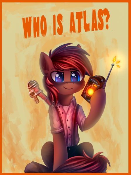 Size: 961x1286 | Tagged: safe, artist:atlas-66, derpibooru import, oc, oc:atlas, unofficial characters only, pony, bioshock, radio, sitting, solo, wrench