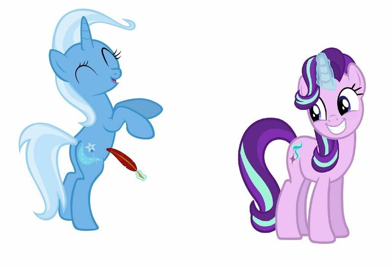 Size: 1024x699 | Tagged: artist:diana173076, big grin, cute, cutie mark, daaaaaaaaaaaw, derpibooru import, diatrixes, digital art, feather, glimmerbetes, grin, hind hooves, implied shipping, laughing, magic, safe, simple background, smiling, starlight glimmer, tickling, ticklish tummy, trixie, white background