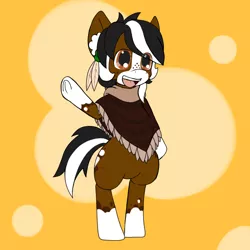 Size: 750x750 | Tagged: safe, alternate version, artist:taletrotter, derpibooru import, oc, oc:mellow mallow, earth pony, semi-anthro, clothes, concept art, digital art, femboy, food, freckles, male, marshmallow, poncho, simple background, smiling, standing pony