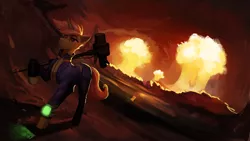 Size: 2560x1440 | Tagged: safe, artist:nsilverdraws, derpibooru import, oc, oc:flare-moon, pony, unicorn, fallout equestria, clothes, dutch angle, end of ponies, end of the world, explosion, fallout, fallout 4, hammer, jumpsuit, level 100, male, mountain, mushroom cloud, next level, nuclear explosion, nuclear weapon, orange sky, pipbuck, stallion, vault suit, war hammer, wasteland, weapon