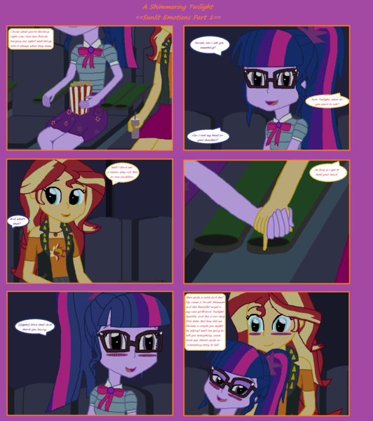 Size: 1808x2039 | Tagged: safe, artist:thomaszoey3000, derpibooru import, sci-twi, sunset shimmer, twilight sparkle, human, comic:a shimmering twilight, equestria girls, blushing, comic, female, food, hand, humanized, lesbian, popcorn, scitwishimmer, shipping, sunsetsparkle