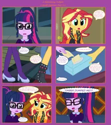 Size: 1808x2039 | Tagged: safe, artist:thomaszoey3000, derpibooru import, sci-twi, sunset shimmer, twilight sparkle, comic:a shimmering twilight, equestria girls, clothes, crying, female, hand, lesbian, scitwishimmer, shipping, shoes, sunsetsparkle, tissue