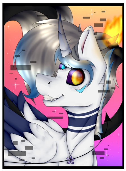 Size: 1680x2268 | Tagged: safe, artist:chazmazda, derpibooru import, oc, oc:atlas, alicorn, demon, pony, colored, colored wings, commission, commissions open, digital art, error, fangs, fire, flat colors, flower necklace, glitch, gradient background, gradient horn, gradient mane, gradient tail, gradient wings, happy, horn, horns, jewelry, markings, necklace, oultine, profile, profile picture, shade, smiling, solo, third eye, three eyes, three tails, wings