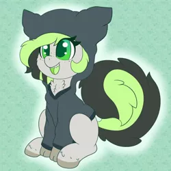 Size: 898x898 | Tagged: safe, artist:pegamutt, derpibooru import, oc, oc:bree jetpaw, pegasus, pony, clothes, cute, freckles, green background, green eyes, hoodie, jacket, ocbetes, open mouth, simple background, solo, this will end in cuddles, weapons-grade cute