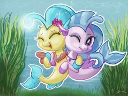 Size: 2224x1668 | Tagged: artist:catscratchpaper, chibi, cousins, cute, derpibooru import, diastreamies, duo, eyes closed, female, fins, flower, flower in hair, hug, jewelry, my little pony: the movie, necklace, ocean, one eye closed, pearl necklace, princess skystar, safe, seapony (g4), seashell necklace, side by side, silverstream, skyabetes, smiling, underwater, water, wink