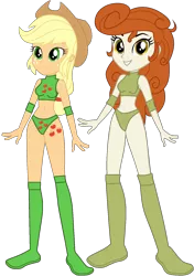 Size: 1135x1610 | Tagged: suggestive, artist:invisibleink, artist:lhenao, deleted from derpibooru, derpibooru import, edit, vector edit, applejack, autumn blaze, equestria girls, applejack's hat, awwtumn blaze, belly button, boots, breasts, clothes, cowboy hat, cute, cutie mark, cutie mark on clothes, cutie mark on equestria girl, elbow pads, equestria girls-ified, female, freckles, hat, knee pads, shoes, simple background, sports, sports bra, sports panties, tag team, transparent background, vector, wrestler, wrestling, wwe