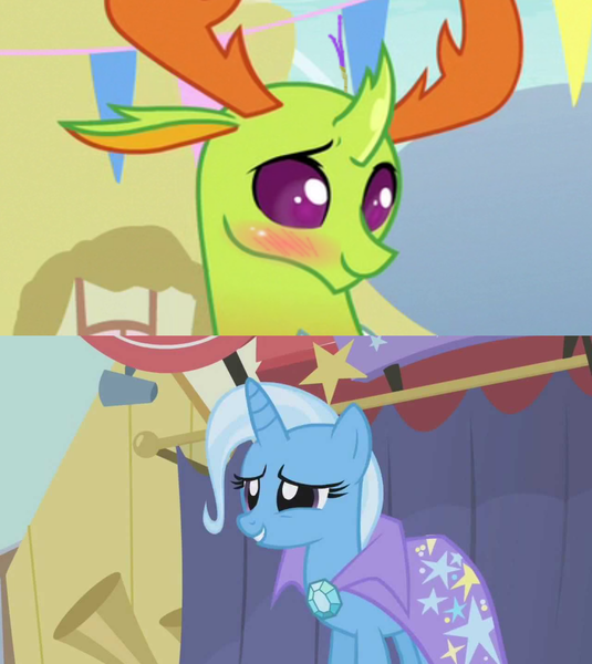 Size: 1280x1436 | Tagged: blushing, boast busters, changedling, changeling, derpibooru import, edit, edited screencap, female, king thorax, male, safe, screencap, shipping, shipping domino, straight, thorax, thoraxie, triple threat, trixie