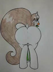 Size: 774x1033 | Tagged: suggestive, artist:paper view of butts, derpibooru import, oc, oc:paper butt, unicorn, butt, colored, cute, glasses, horn, ink, ink drawing, looking at you, looking back, male, rear view, simple background, solo, solo male, stallion, tongue out, traditional art