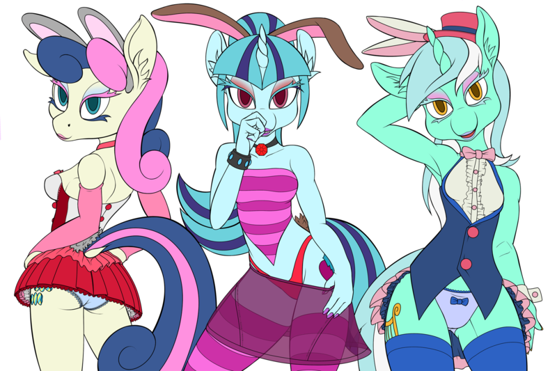 Size: 1800x1200 | Tagged: suggestive, artist:sepiakeys, derpibooru import, bon bon, lyra heartstrings, sonata dusk, sweetie drops, anthro, earth pony, unicorn, armpits, blue underwear, bowtie, breasts, bunny ears, bunny girl, clothes, eyeshadow, female, females only, frilly underwear, gem, lidded eyes, lipstick, looking at you, makeup, miniskirt, panties, pose, ribbon, see-through, simple background, siren gem, skirt, smiling, socks, striped socks, thigh socks, underwear, upskirt, white background