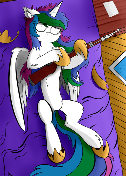 Size: 600x835 | Tagged: artist:rapid9, bed, bedroom, bolt-action rifle, crown, derpibooru import, frazzled, gun, hoof shoes, jewelry, mauser 98k, messy mane, peytral, princess celestia, regalia, rifle, safe, shrunken pupils, solo, stressed, tired, weapon