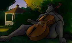 Size: 720x425 | Tagged: suggestive, artist:bgn, derpibooru import, oc, oc:saxxon, unofficial characters only, anthro, earth pony, unguligrade anthro, bow (instrument), cello, cello bow, digital art, eyes closed, garden, male, musical instrument, nudity, playing, solo, solo male, tail