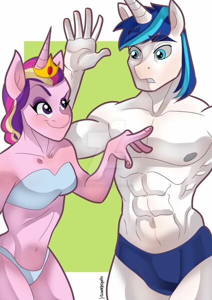 Size: 1024x1449 | Tagged: abs, ambiguous facial structure, anthro, artist:roemesquita, belly button, blushing, breasts, clothes, commission, crown, derpibooru import, deviantart watermark, eyebrows visible through hair, female, jewelry, looking at each other, male, muscles, obtrusive watermark, partial nudity, princess cadance, raised eyebrow, regalia, shining armor, shiningcadance, shipping, signature, simple background, smiling, smirk, straight, suggestive, topless, underwear, watermark