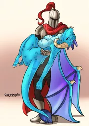 Size: 1280x1811 | Tagged: abduction, anthro, armor, artist:roemesquita, breasts, busty princess ember, carrying, commission, derpibooru import, deviantart watermark, dragon, dragoness, eyes closed, featureless breasts, female, human, kidnapped, knight, male, obtrusive watermark, princess ember, safe, signature, simple background, watermark, wrong damsel