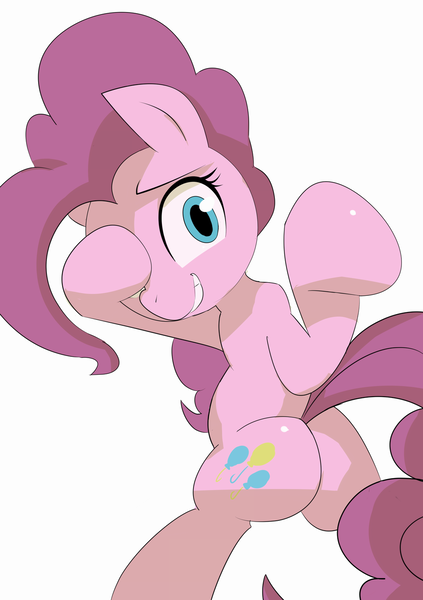 Size: 1019x1446 | Tagged: safe, artist:baigak, derpibooru import, pinkie pie, earth pony, semi-anthro, balloonbutt, butt, female, looking at you, looking back, looking back at you, mare, peekaboo, plot, smiling, solo