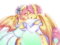 Size: 2000x1500 | Tagged: safe, artist:shamy-crist, derpibooru import, fluttershy, pegasus, pony, adorascotch, blushing, butterscotch, clothes, cute, dress, ear fluff, eyes closed, female, flutterscotch, gradient background, male, mare, rule 63, rule63betes, selfcest, self ponidox, shipping, stallion, straight, suit