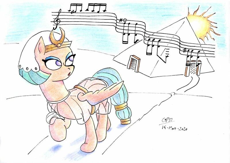 Size: 1024x725 | Tagged: safe, artist:gafelpoez, derpibooru import, somnambula, pegasus, pony, female, kashmir, led zeppelin, mare, music notes, pyramid, sheet music, solo, song reference, sun