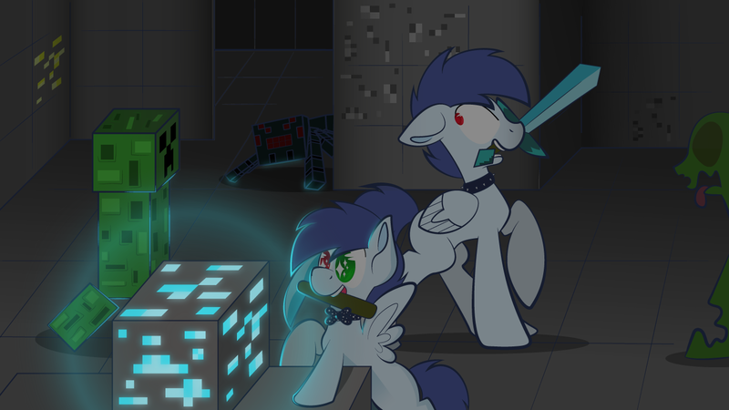 Size: 1366x768 | Tagged: safe, artist:angeline shine, derpibooru import, oc, oc:beefy, oc:slipstream, pegasus, pony, spider, undead, zombie, zombie pony, boofy, bowtie, collar, creeper, diamond block, heterochromia, minecraft, pickaxe, sword, weapon