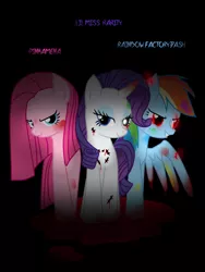 Size: 720x960 | Tagged: semi-grimdark, artist:agatabr, derpibooru import, pinkie pie, rainbow dash, rarity, earth pony, pegasus, pony, unicorn, fanfic:cupcakes, fanfic:rainbow factory, lil-miss rarity, blood, evil, glowing eye, lil miss rarity, liquid rainbow, pinkamena diane pie, rainbow factory dash, red eyes, spectra