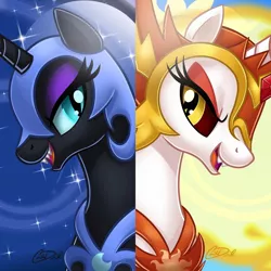 Size: 1136x1136 | Tagged: safe, artist:christadoodles, derpibooru import, edit, daybreaker, nightmare moon, alicorn, pony, alter ego, armor, beautiful, black coat, blue eyes, bust, dark side, day, duo, duo female, ethereal mane, evil grin, eyelashes, eyeshadow, fangs, female, gem, grin, helmet, lidded eyes, looking at each other, makeup, mane of fire, mare, moon, movie accurate, night, open mouth, opposite, orange eyeshadow, portrait, purple eyeshadow, ruby, siblings, side by side, signature, sisters, smiling, starry mane, sun, teeth, two sides, white coat, yellow eyes