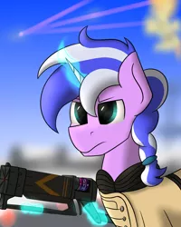 Size: 2000x2500 | Tagged: safe, artist:valthonis, derpibooru import, oc, oc:ripy, unofficial characters only, pegasus, unicorn, fallout equestria, blurred background, enclave uniform, grand pegasus enclave, laser rifle, weapon