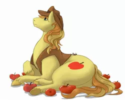 Size: 2560x2049 | Tagged: safe, artist:riala, derpibooru import, braeburn, earth pony, pony, apple, butt, chest fluff, clothes, cowboy hat, food, hat, looking up, male, plot, signature, simple background, solo, stallion, underhoof, unshorn fetlocks, vest, white background