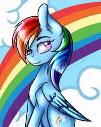 Size: 1024x1280 | Tagged: safe, artist:la-tia-fasti, derpibooru import, rainbow dash, pegasus, pony, cloud, female, folded wings, looking back, mare, on a cloud, one eye closed, rainbow, sitting, sky, solo, wings