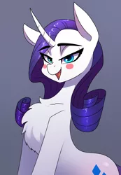 Size: 2480x3580 | Tagged: safe, artist:underpable, derpibooru import, rarity, pony, unicorn, bedroom eyes, blush sticker, blushing, chest fluff, curved horn, female, gradient background, horn, looking at you, mare, open mouth, simple background, smiling, solo