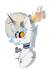 Size: 1404x1983 | Tagged: safe, artist:chazmazda, derpibooru import, oc, oc:atlas, unofficial characters only, pony, blue eyes, bust, bust shot, colored, commission, commissions open, digital art, error, fangs, fire, flat colors, flower necklace, glitch, gradient horn, gradient mane, head shot, horn, horns, jewelry, league of legends, markings, name, necklace, orange eyes, ponysona, simple background, solo, sona, teeth, third eye, tongue out, transparent background, two tongues
