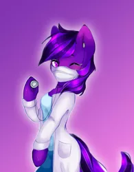 Size: 1620x2072 | Tagged: safe, artist:alsafi, derpibooru import, oc, oc:kioshka, earth pony, pony, semi-anthro, clothes, doctor, one eye closed, solo, standing, suit